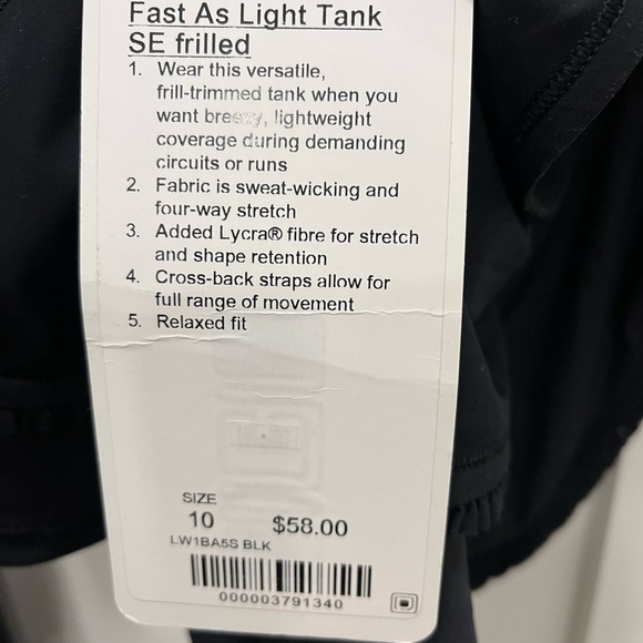 NWT Lululemon Fast as Light Tank SE Frilled. Black. Size 10 - Picture 7 of 7